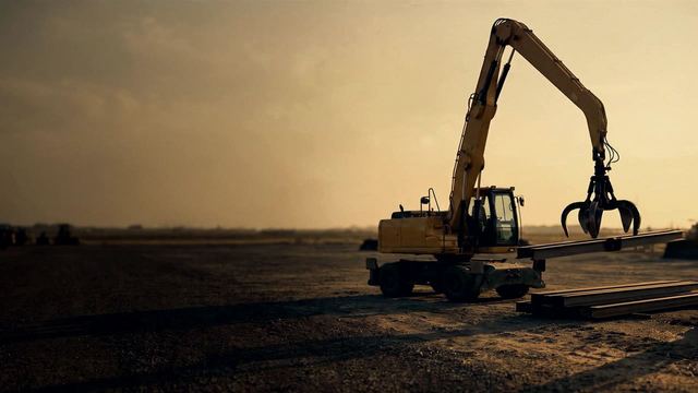 A wheeled material handler with its grapple open over stacked steel on a yard at dusk